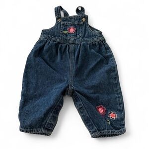 Vintage navy denim OshKosh overalls with pink flower embroidery